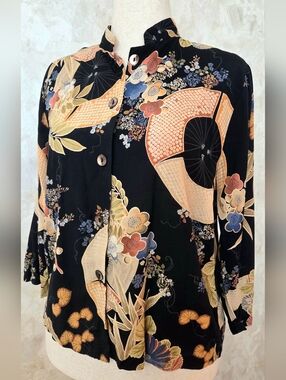 Vintage CLIO Rayon Blouse Made in USA | Japanese Floral Print Button Front Top |